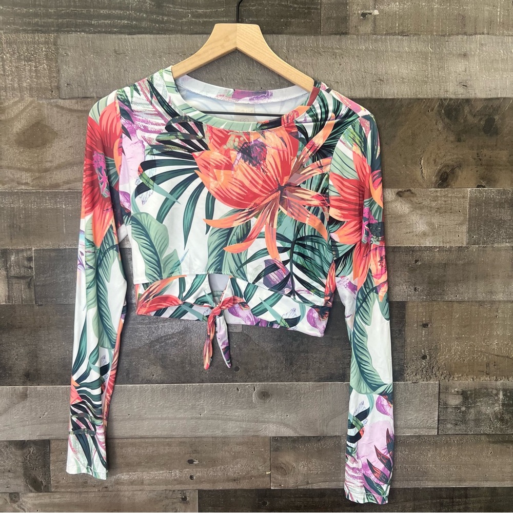 Calia Activewear Floral Tropical Knot Tie Long Sleeve Workout Crop Top - Picture 2 of 8
